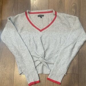 GUESS Women's V-Neck Sweater in Gray with Red Trim